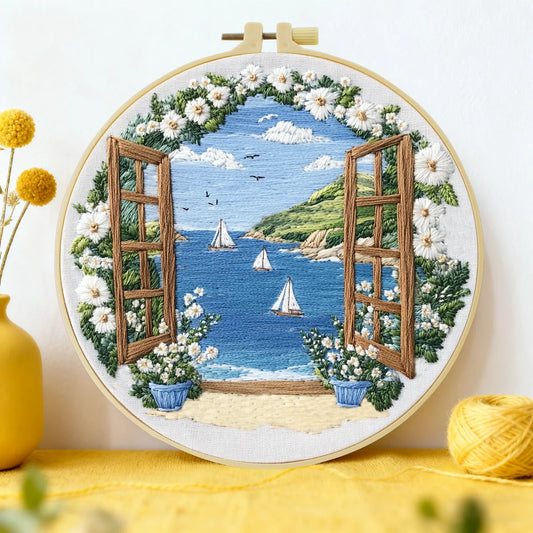 1pc 20X20CM/15X15CM 7.87/6.3inch Embroidery Starter Kit DIY Kit Home Decor, Seaside View, Embroidery Kit